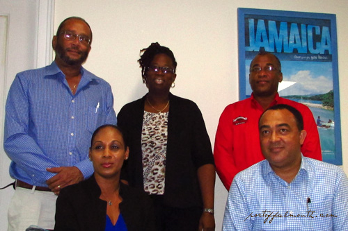 From front left: Mrs. Shellion Rhoden (Business Manager - FJLCL); Hon. Minister Christopher Tufton (Minister of Health); Howard Mitchell (Chairman for Health & Wellness Foundation); Darion Thompson Smith (Parish Manager, Trelawny Health Services); Mark Hylton (Port Manager - Falmouth Cruise Ship Terminal).